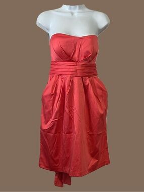 Snap Strapless Coral-Red Pleated Waist Cocktail Dress
